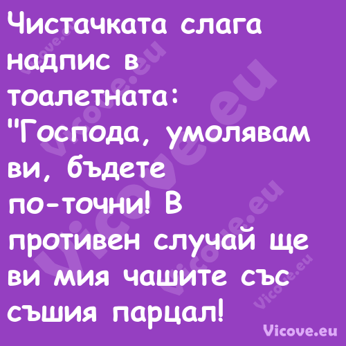 Чистачката слага надпис в тоале...