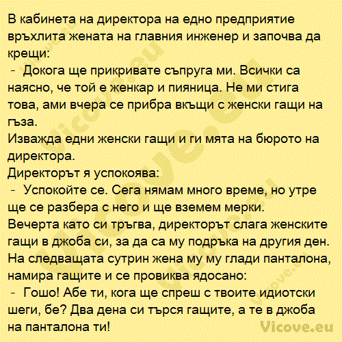 В кабинета на директора на едно предприятие връхлита жената на главния инженер