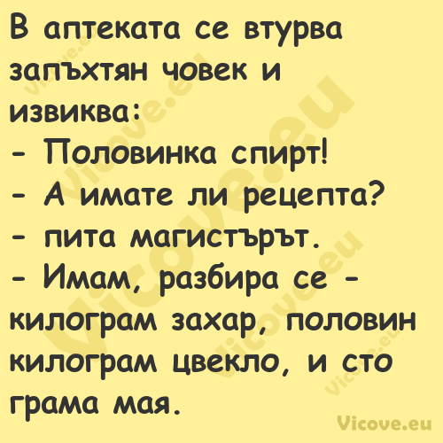 В аптеката се втурва запъхтян ч...