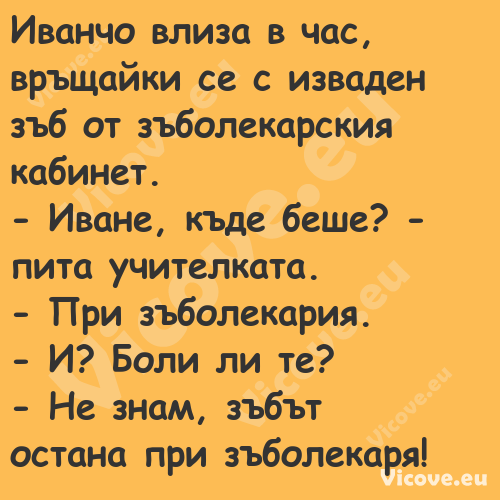 Иванчо влиза в час, връщайки се...