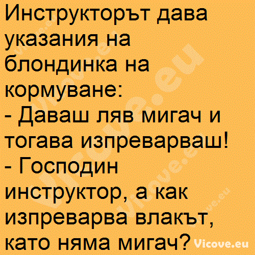 Инструкторът дава указания на блондинка на кормуване