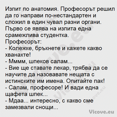 Изпит по анатомия. Професорът решил да го направи по-нестандартен