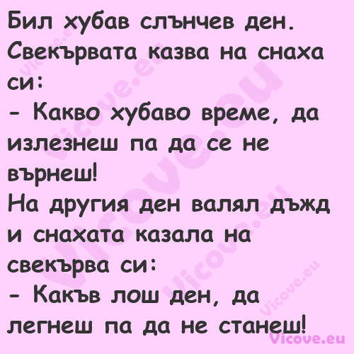 Бил хубав слънчев ден. Свекърва...