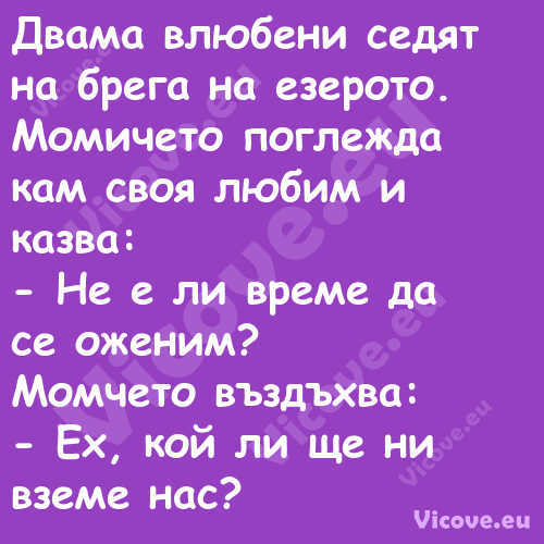 Двама влюбени седят на брега на...