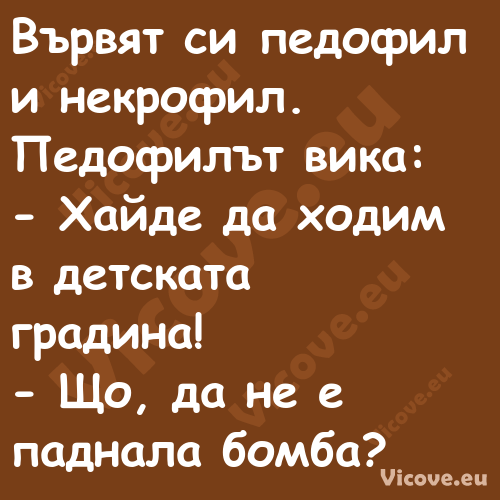 Вървят си педофил и некрофил. П...