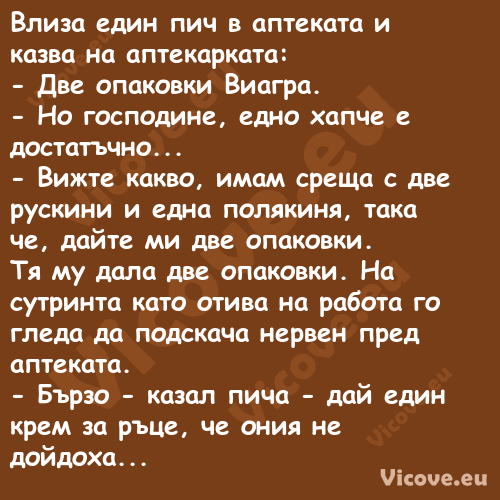 Влиза един пич в аптеката и каз...