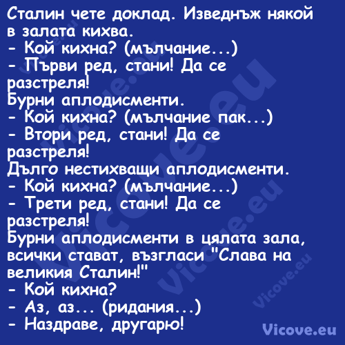 Сталин чете доклад. Изведнъж ня...