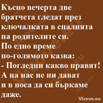 Късно вечерта две братчета гледат през ключалката